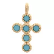 Breloque croix avec oxydes de zirconium 11x7 mm - Turquoise - Plaqué Or 3 microns x1