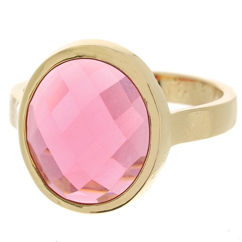 Bague ovale avec cabochon facetté en verre Taille 50 Plaqué Or 3 microns - Rose x1