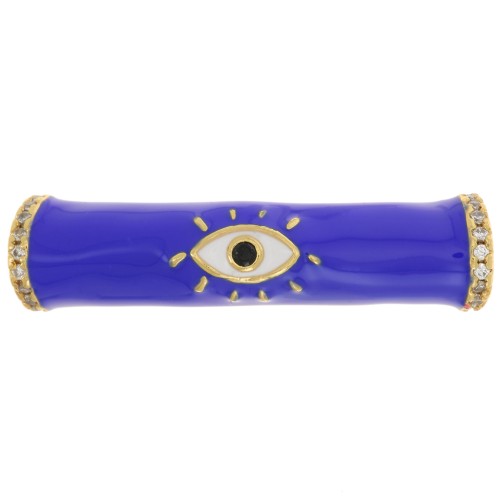 Perle tube incurvé en résine époxy & oxydes de Zirconium  33x8mm motif oeil - Doré - Bleu royal