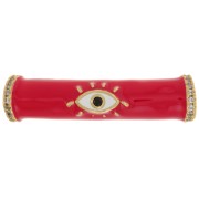 Perle tube incurvé en résine époxy & oxydes de Zirconium 33x8 mm motif oeil - Doré - Rouge x1|raw }}