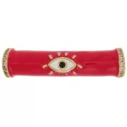 Perle tube incurvé en résine époxy & oxydes de Zirconium 33x8 mm motif oeil - Doré - Rouge x1