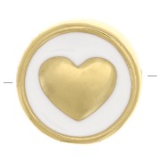 Perle plate ronde motif coeur - en résine époxy 11 mm - Doré - Blanc x1