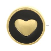 Perle plate ronde motif coeur - en résine époxy 11 mm - Doré - Noir x1|raw }}