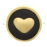 Perle plate ronde motif coeur - en résine époxy 11 mm - Doré - Noir x1