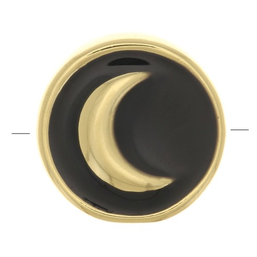 Perle plate ronde motif lune - en résine époxy 11 mm - Doré - Noir x1
