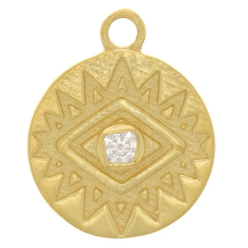 Breloque ronde 10 mm motif oeil avec oxyde de Zirconium - Argent 925 Doré à l'or fin - Crystal