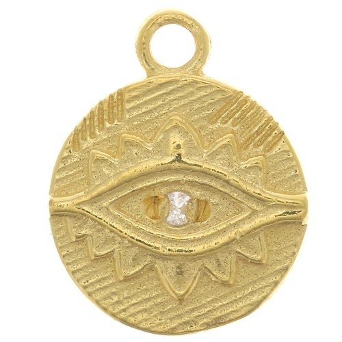 Breloque ronde 9mm motif oeil ethnique avec oxyde de Zirconium - Argent 925 Doré à l'or fin x1