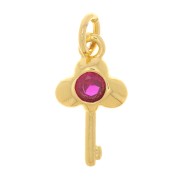 Breloque clé avec oxyde de Zirconium13x7 mm - Doré - Fuchsia x1