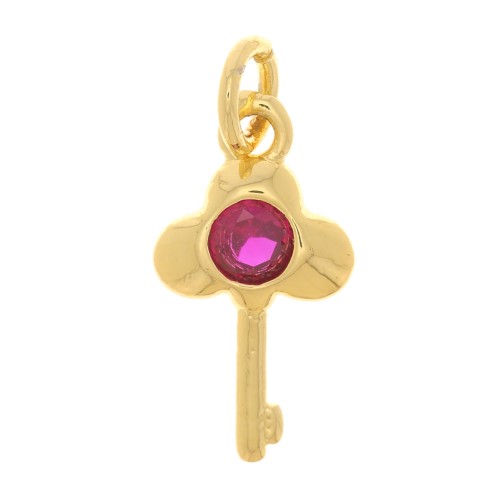 Breloque clé avec oxyde de Zirconium13x7 mm - Doré - Fuchsia x1