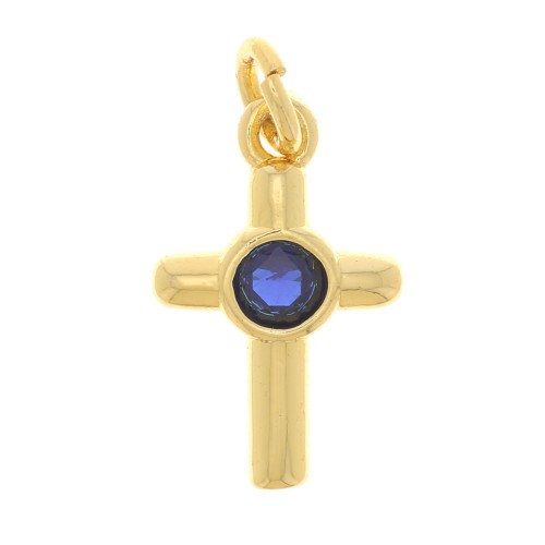 Breloque croix avec oxyde de Zirconium12x8 mm - Doré - Bleu foncé x1