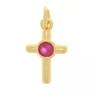 Breloque croix avec oxyde de Zirconium12x8 mm - Doré - Fuchsia x1