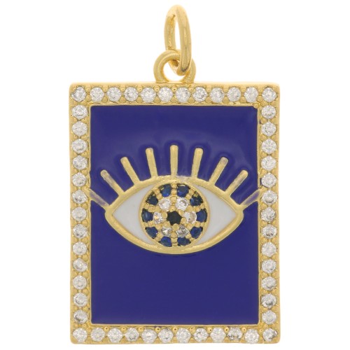 Pendentif rectangle motif oeil résine époxy et oxydes de Zirconium 21x15mm - Doré - Bleu foncé