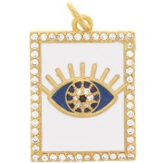 Pendentif rectangle motif oeil - résine époxy et oxydes de Zirconium 21x15mm - Doré - Blanc x1|raw }}