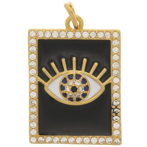 Pendentif rectangle motif oeil - résine époxy et oxydes de Zirconium 21x15 mm - Doré - Noir x1