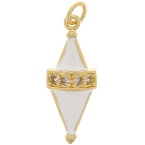 Pendentif losange en résine époxy et oxydes de Zirconium 25x10 mm - Doré - Blanc - Crystal x1