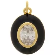 Pendentif ovale en résine époxy et oxyde de Zirconium  18x13 mm - Doré - Noir - Crystal x1