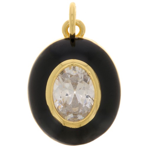 Pendentif ovale en résine époxy et oxyde de Zirconium  18x13 mm - Doré - Noir - Crystal x1