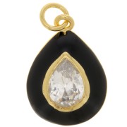 Pendentif goutte en résine époxy et oxyde de Zirconium  19x13.5 mm - Doré - Noir - Crystal x1|raw }}