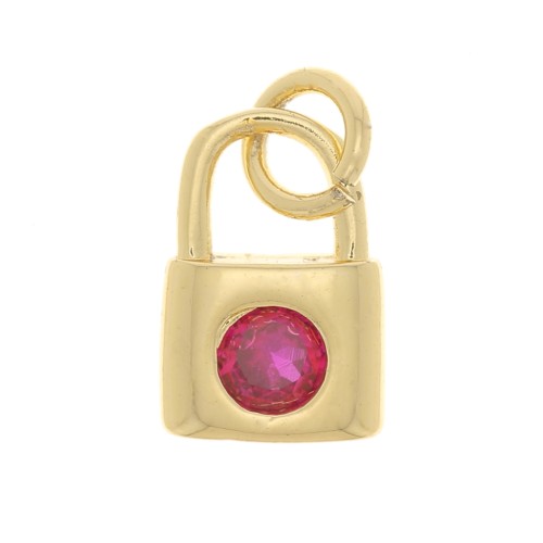 Breloque cadenas avec oxyde de Zirconium 8x6 mm - Doré - Fuchsia x1