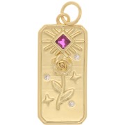 Pendentif plaque motif rose et soleil avec oxydes de Zirconium 23x10 mm - Doré - Fuchsia x1|raw }}