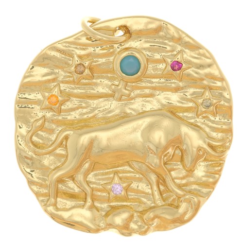 Pendentif rond irrégulier 21 mm avec oxydes de Zirconium - signe du zodiaque Taureau - Doré x1