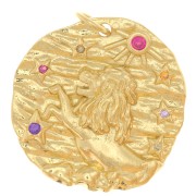 Pendentif rond irrégulier 21 mm avec oxydes de Zirconium - signe du zodiaque Lion - Doré x1|raw }}