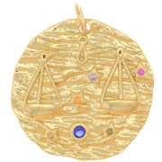 Pendentif rond irrégulier 21 mm avec oxydes de Zirconium - signe du zodiaque Balance - Doré x1