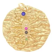 Pendentif rond irrégulier 22 mm avec oxydes de Zirconium - signe du zodiaque Scorpion - Doré