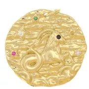 Pendentif rond irrégulier 22 mm avec oxydes de Zirconium - signe du zodiaque Capricorne - Doré