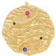 Pendentif rond irrégulier 22 mm avec oxydes de Zirconium - signe du zodiaque Poisson - Doré x1|raw }}