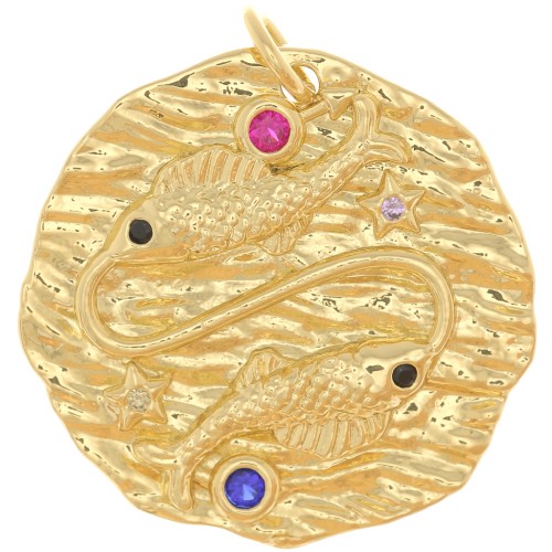 Pendentif rond irrégulier 22 mm avec oxydes de Zirconium - signe du zodiaque Poisson - Doré x1