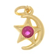 Breloque lune et étoile avec oxyde de Zirconium 10x8 mm - Doré - Fuchsia x1