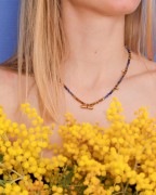 Pendentif tube ethnique 9x19.5 mm avec cabochon en verre - Rhodié - Noir x1