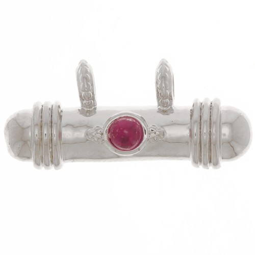 Pendentif tube ethnique 9x19.5 mm avec cabochon en verre - Rhodié - Rouge x1