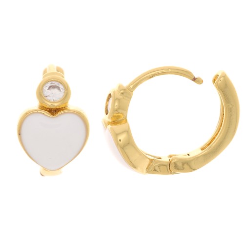 Dormeuses créoles motif coeur avec résine époxy et oxyde de zirconium 13 mm - Doré - Blanc x2