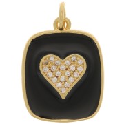 Pendentif rectangle motif coeur en oxydes de Zirconium et résine époxy 19x15 mm - Doré - Noir