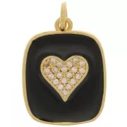 Pendentif rectangle motif coeur en oxydes de Zirconium et résine époxy 19x15 mm - Doré - Noir