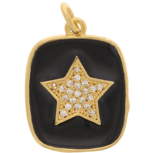 Pendentif rectangle motif étoile en oxydes de Zirconium et résine époxy 19x15 mm - Doré - Noir