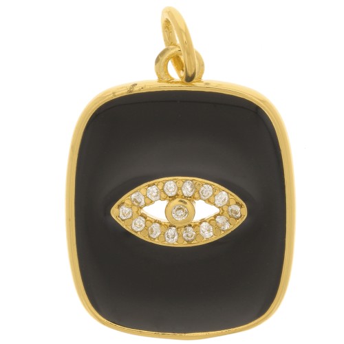 Pendentif rectangle motif oeil en oxydes de Zirconium et résine époxy 19x15 mm - Doré - Noir