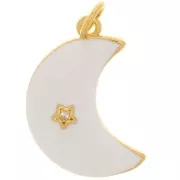 Pendentif lune motif étoile avec Oxyde de Zirconium et résine époxy 21x14 mm - Doré - Blanc x1