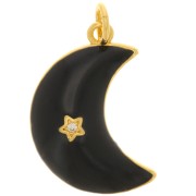 Pendentif lune motif étoile avec Oxyde de Zirconium et résine époxy 21x14 mm - Doré - Noir x1|raw }}