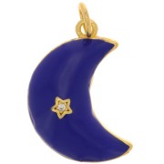 Pendentif lune motif étoile avec Oxyde de Zirconium & résine époxy 21x14mm - Doré - Bleu foncé|raw }}
