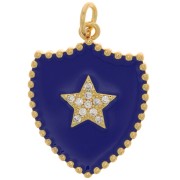 Pendentif bouclier motif étoile avec oxydes de Zirconium & résine 23x18 mm - Doré - Bleu foncé|raw }}