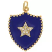 Pendentif bouclier motif étoile avec oxydes de Zirconium & résine 23x18 mm - Doré - Bleu foncé