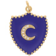 Pendentif bouclier motif lune avec oxydes de Zirconium et résine 23x18 mm - Doré - Bleu foncé|raw }}