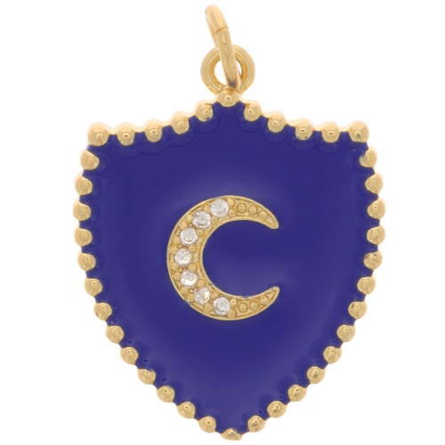 Pendentif bouclier motif lune avec oxydes de Zirconium et résine 23x18 mm - Doré - Bleu foncé