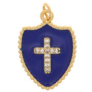 Pendentif bouclier motif croix avec oxydes de Zirconium et résine 19x14 mm - Doré - Bleu foncé|raw }}