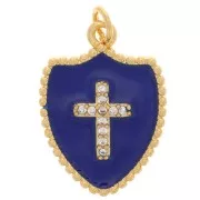 Pendentif bouclier motif croix avec oxydes de Zirconium et résine 19x14 mm - Doré - Bleu foncé