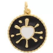 Pendentif rond motif coeur en résine époxy 16 mm - Doré - Noir - Blanc x1