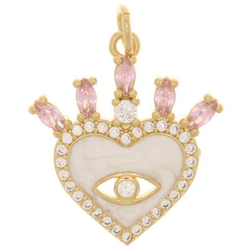 Pendentif coeur motif oeil - résine époxy & oxydes de Zirconium 21x19 mm - Doré - Nude - Rose